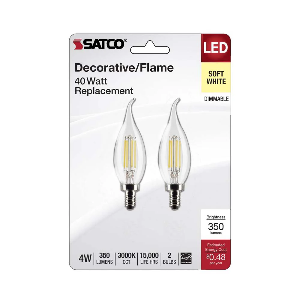 2Pk - 4W CA10 LED Clear Candelabra Base 3000K 350 Lumens 120v - Image 2