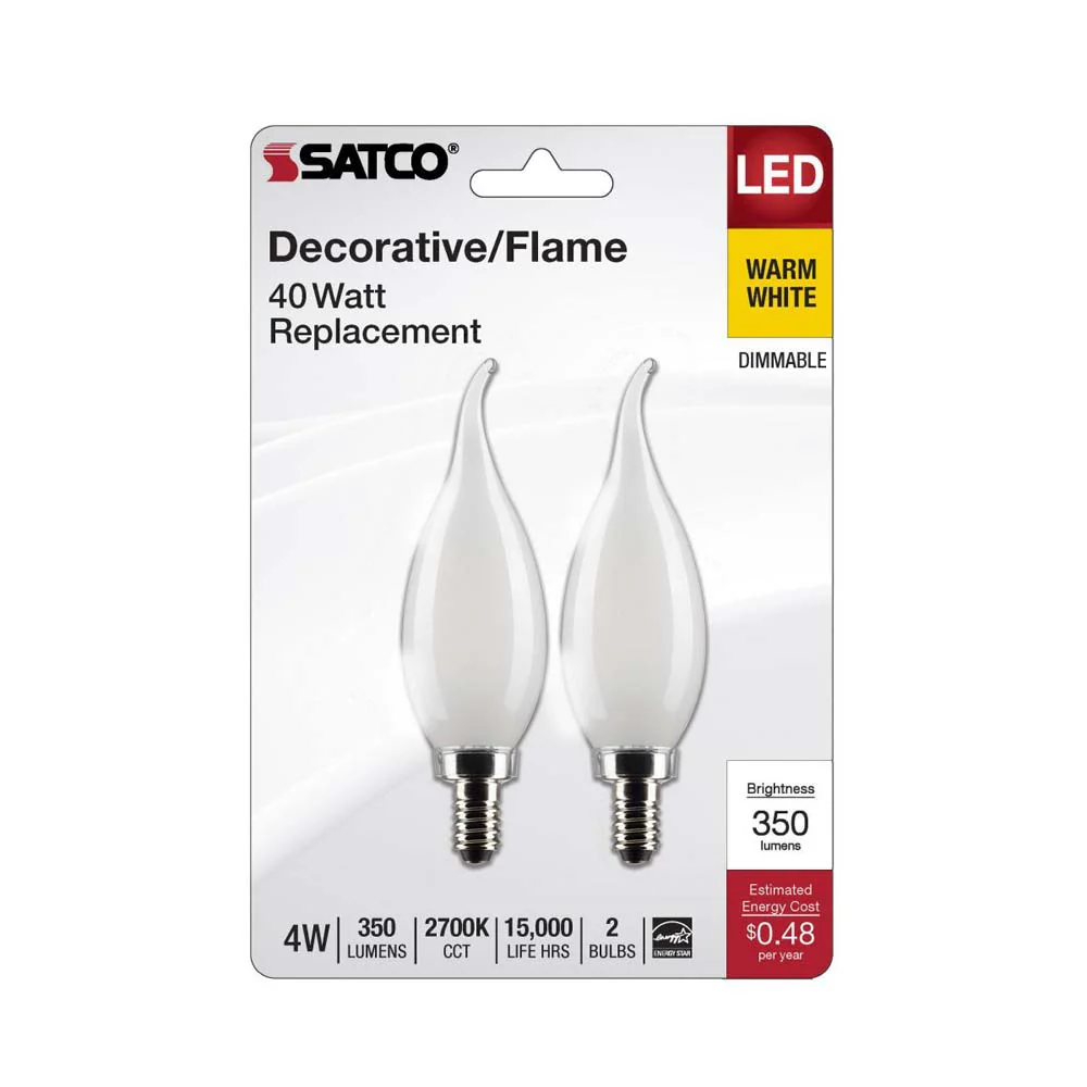 2Pk - 4W CA10 LED Frosted Candelabra Base 2700K 350 Lumens 120v - Image 2