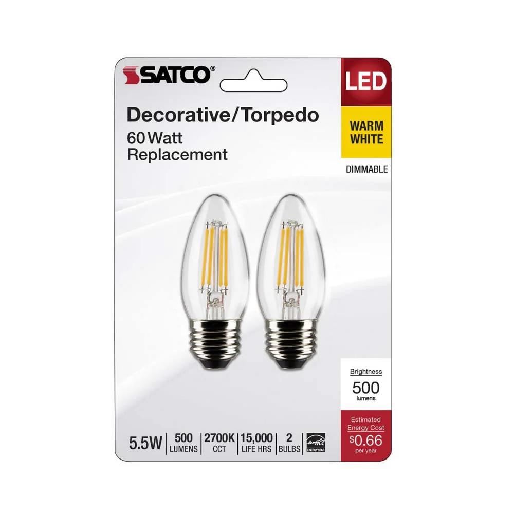 2Pk - 5.5W B11 LED Clear Medium Base 2700K 500 Lumens 120v - Image 2