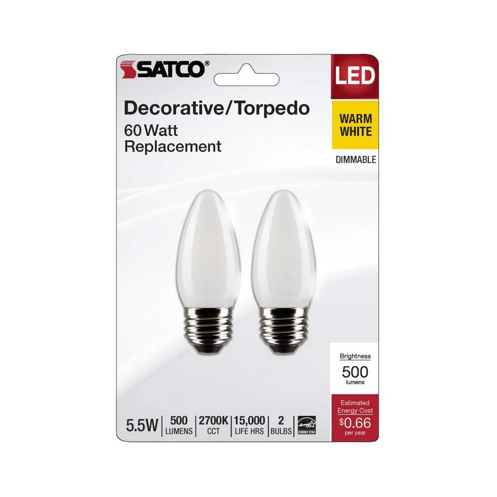 2Pk - 5.5W B11 LED Frosted Medium Base 2700K 500 Lumens 120v - Image 2