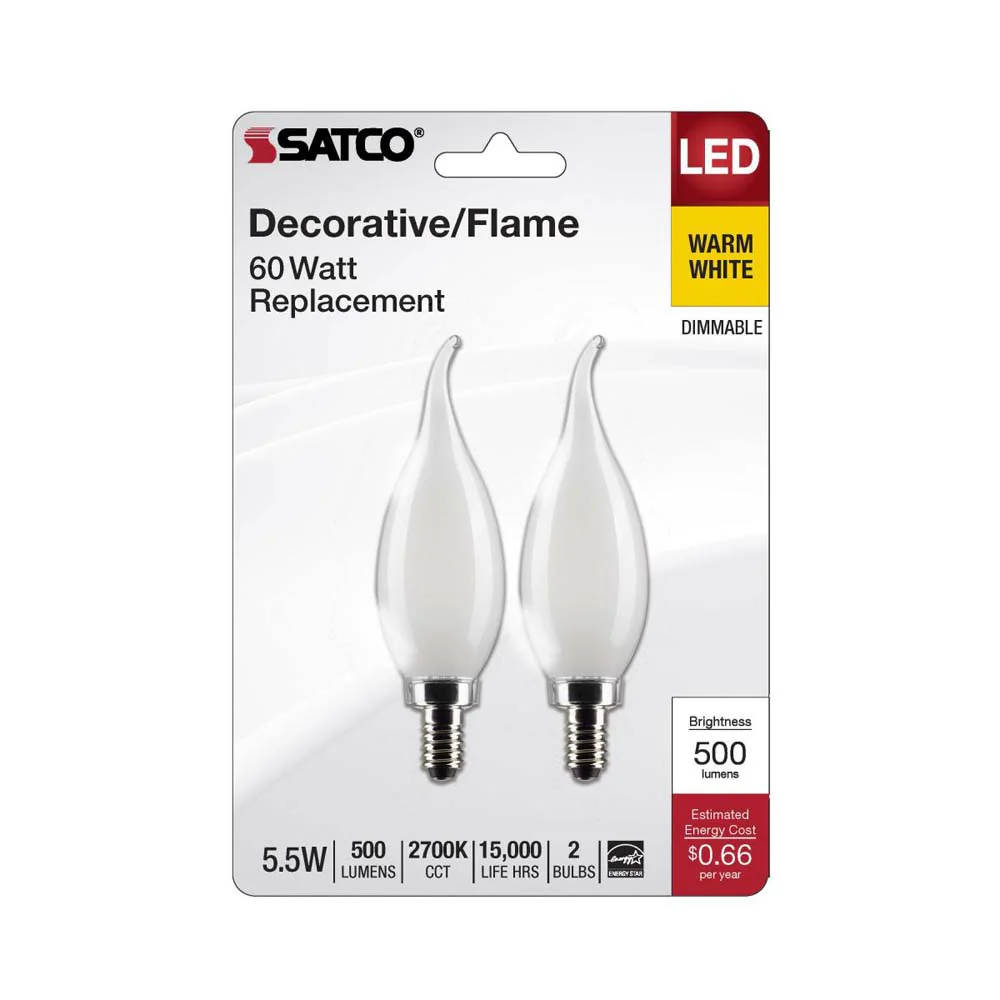 2Pk - 5.5W CA10 LED Frosted Candelabra Base 2700K 500 Lumens 120v - Image 2