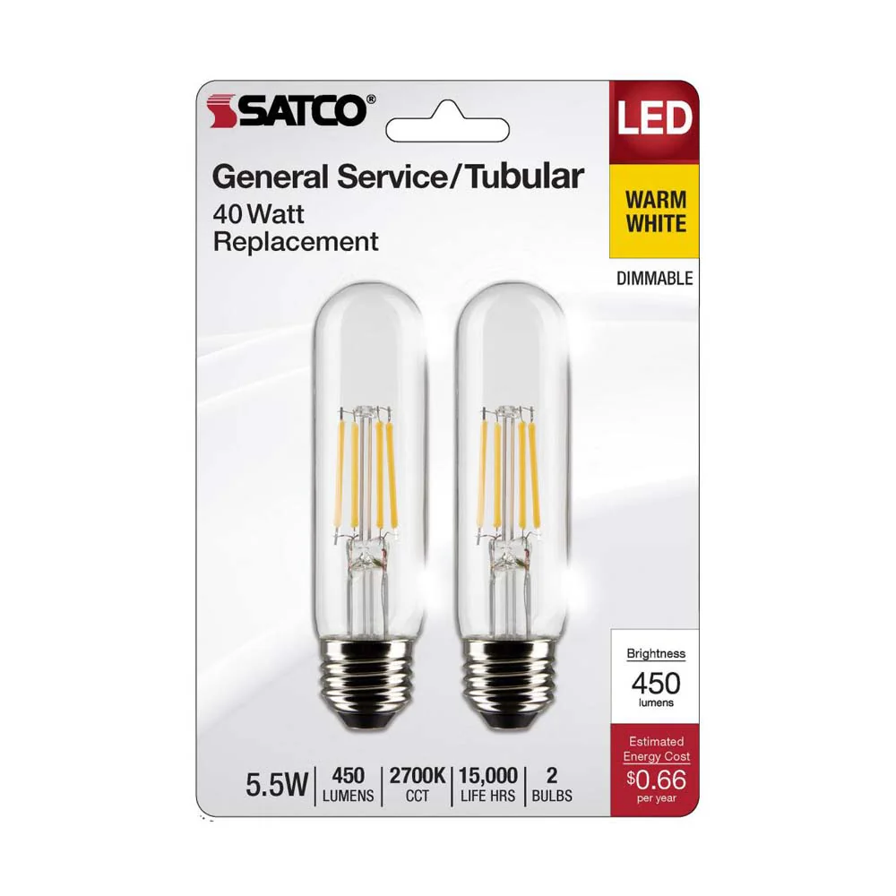 2Pk - 5.5W T10 LED Clear Medium Base 2700K 450 Lumens 120v - Image 2