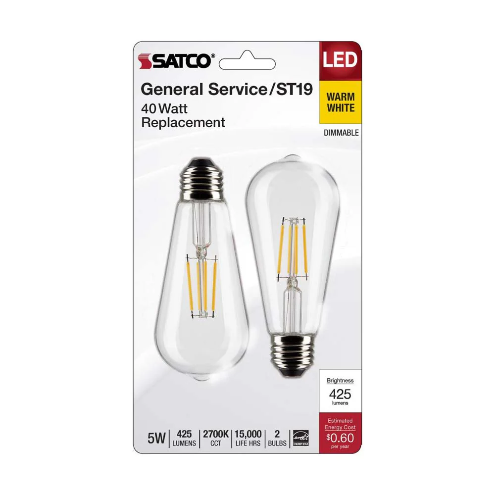2Pk - 5W ST19 LED Clear Medium Base 2700K 425 Lumens - Image 2