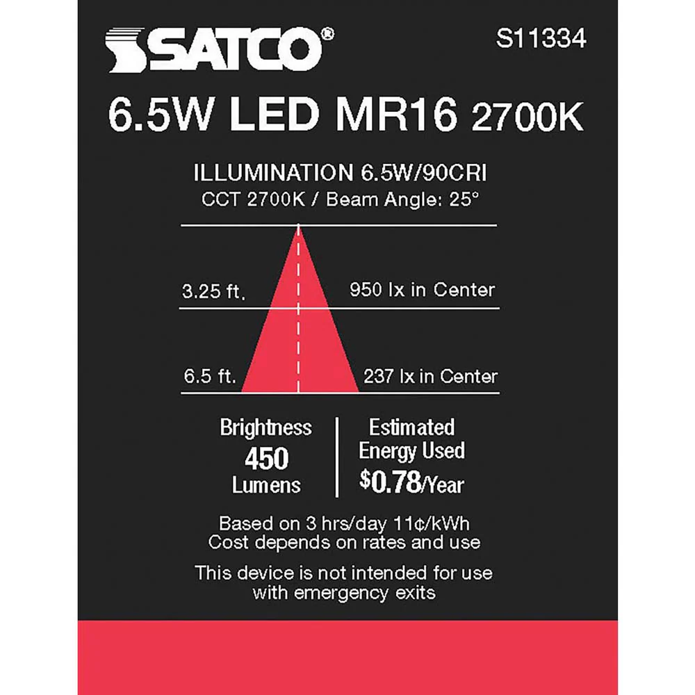 Satco 6.5W MR16 LED 2700K GU5.3 base 25 deg. Beam Angle 12v - Image 4