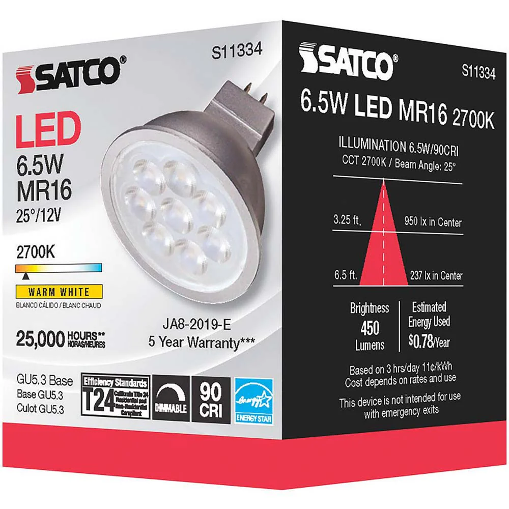 Satco 6.5W MR16 LED 2700K GU5.3 base 25 deg. Beam Angle 12v - Image 6