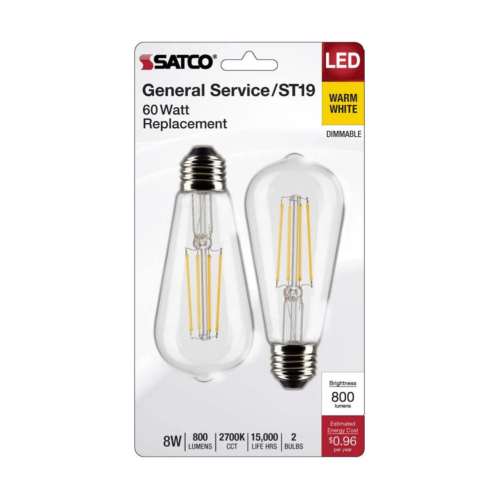 2Pk - 8W ST19 LED Clear: Medium Base 2700K 800 Lumens - Image 2