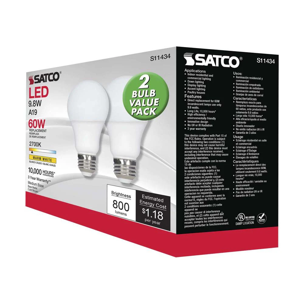 2Pk - 9.8W A19 LED 2700K E26 Medium base 220 deg. Beam Angle 120v - Image 7