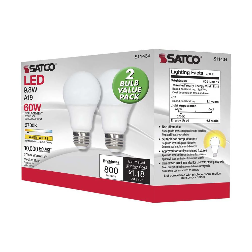 2Pk - 9.8W A19 LED 2700K E26 Medium base 220 deg. Beam Angle 120v - Image 8