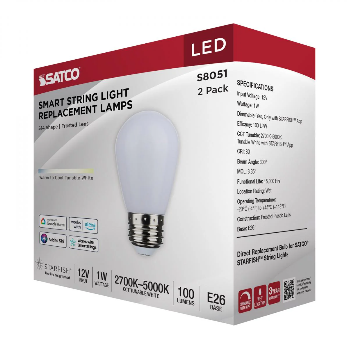 2Pk - Satco 1w S14 LED Smart String Starfish IOT 12v Frosted Replacement Bulb - Image 6