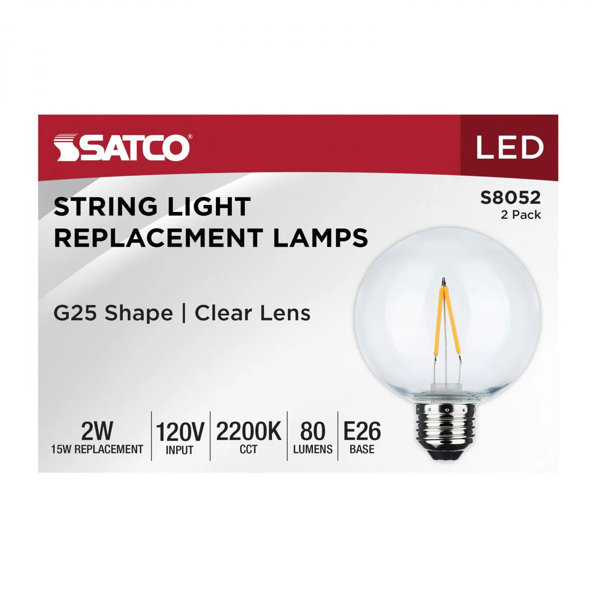 2Pk - Satco 2w G25 LED Replacement String Light E26 Base 2200K 120v Clear Bulb - Image 2