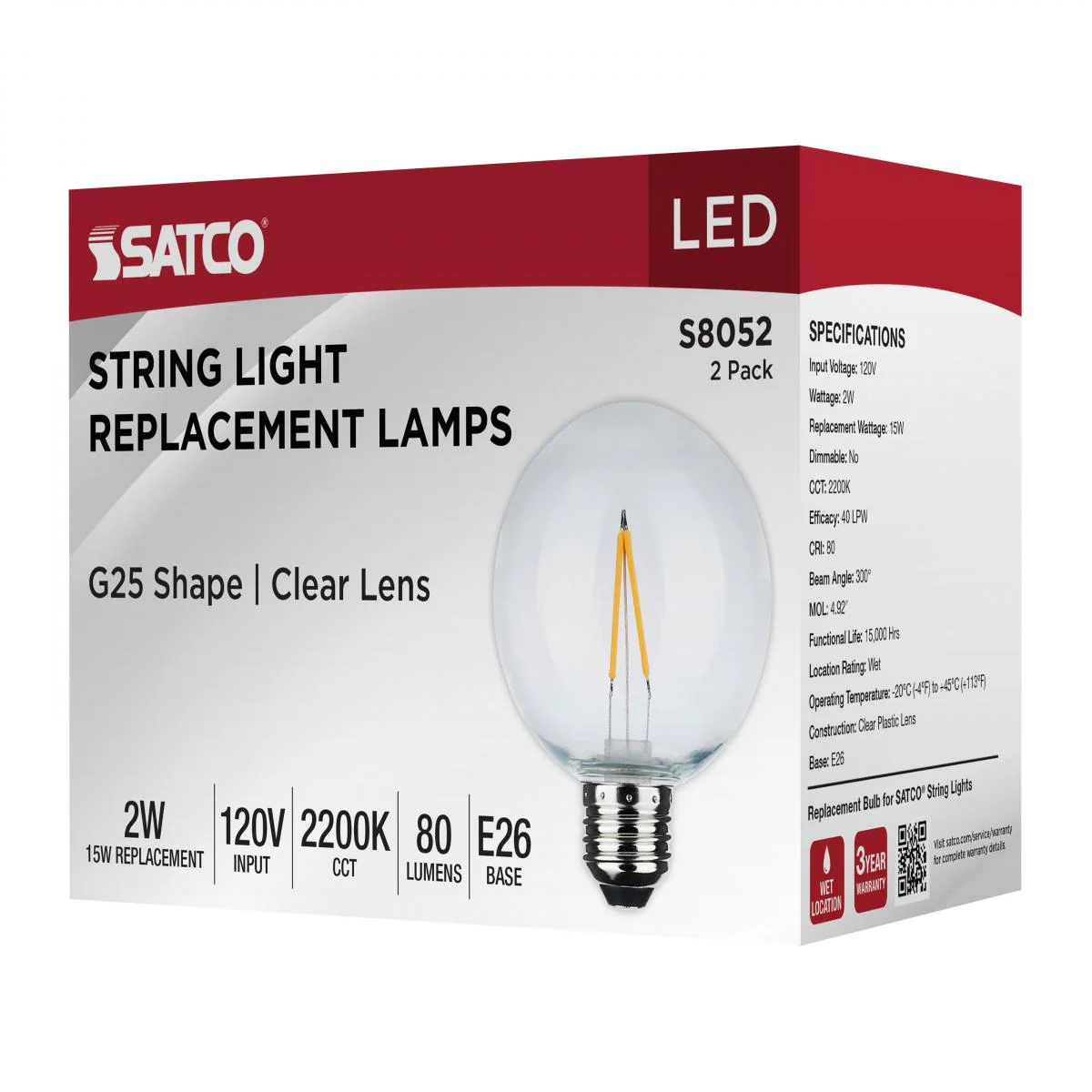 2Pk - Satco 2w G25 LED Replacement String Light E26 Base 2200K 120v Clear Bulb - Image 7