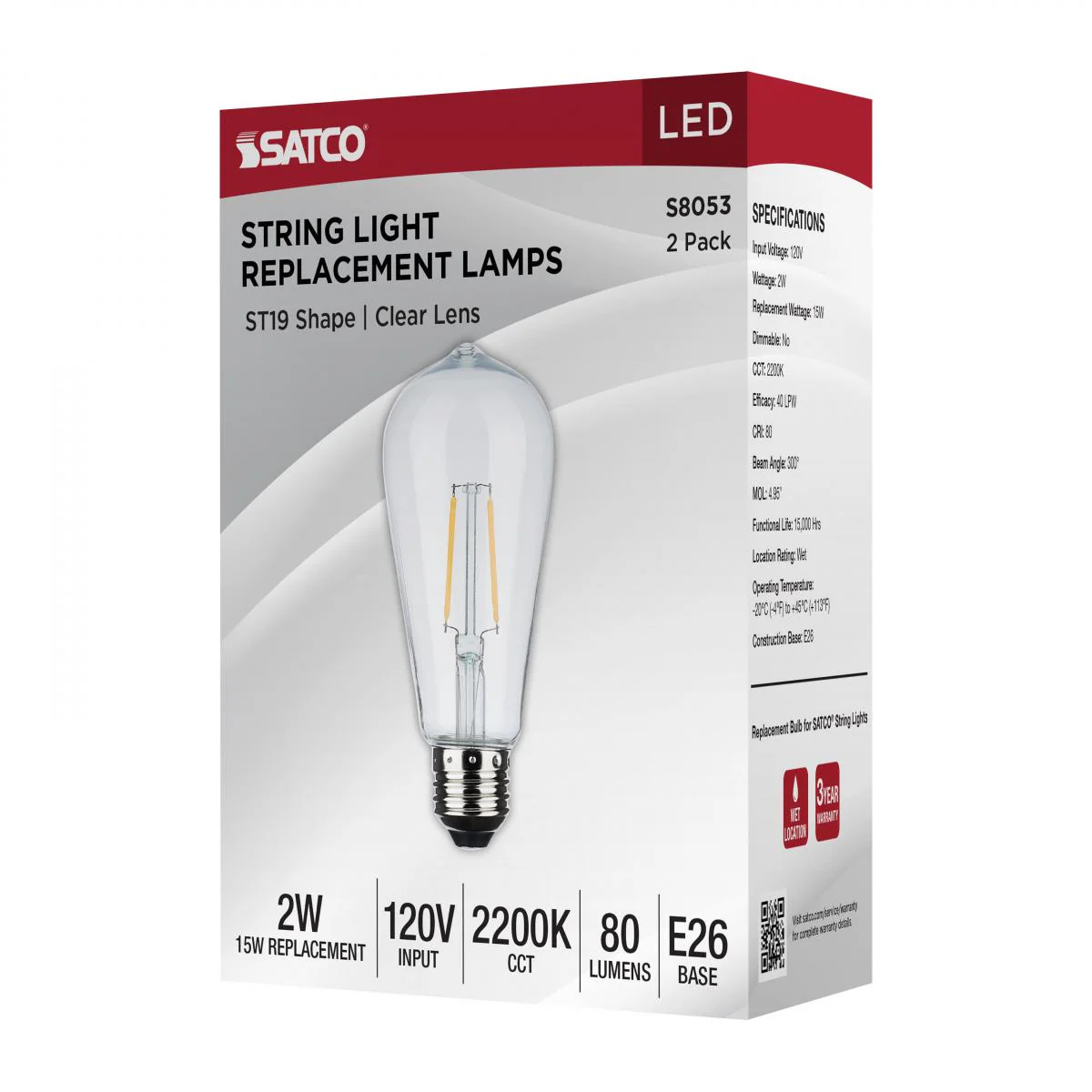 2Pk - Satco 2w ST19 LED Replacement String Light E26 Base 2200K 120v Clear Bulb - Image 7