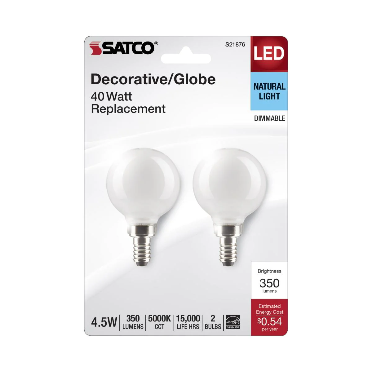 2Pk - Satco 4.5w G16.5 LED E12 Candelabra Base 5000K 120v White Finish Bulb - Image 5
