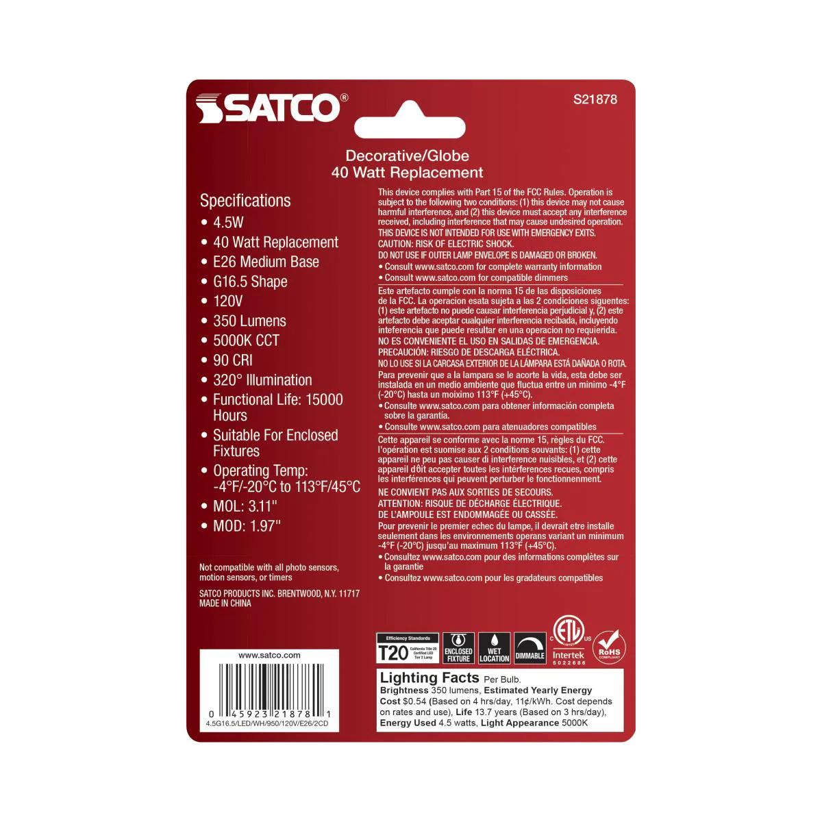 2Pk - Satco 4.5w G16.5 LED E26 Medium Base 5000K 120v White Finish Bulb - Image 6