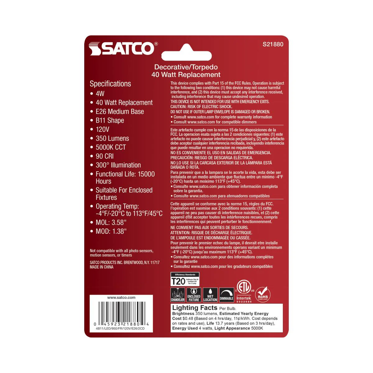 2Pk - Satco 4w B11 LED E26 Medium Base 5000K 120v Frosted Finish Bulb - Image 6