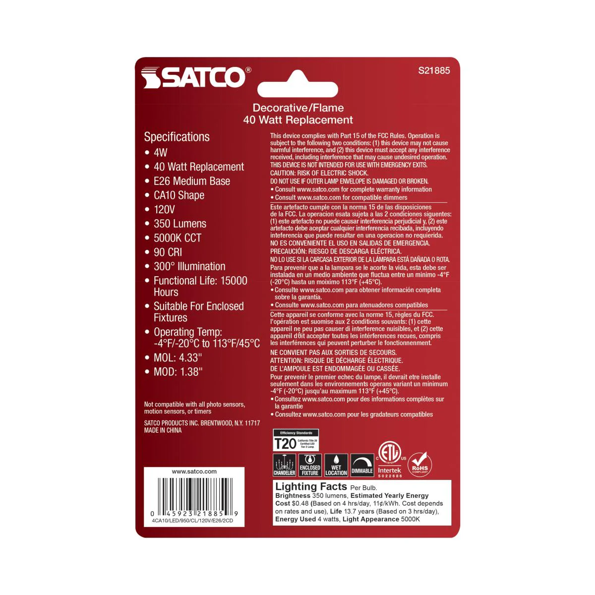 2Pk - Satco 4w CA10 LED E26 Medium Base 5000K 120v Clear Finish Bulb - Image 6