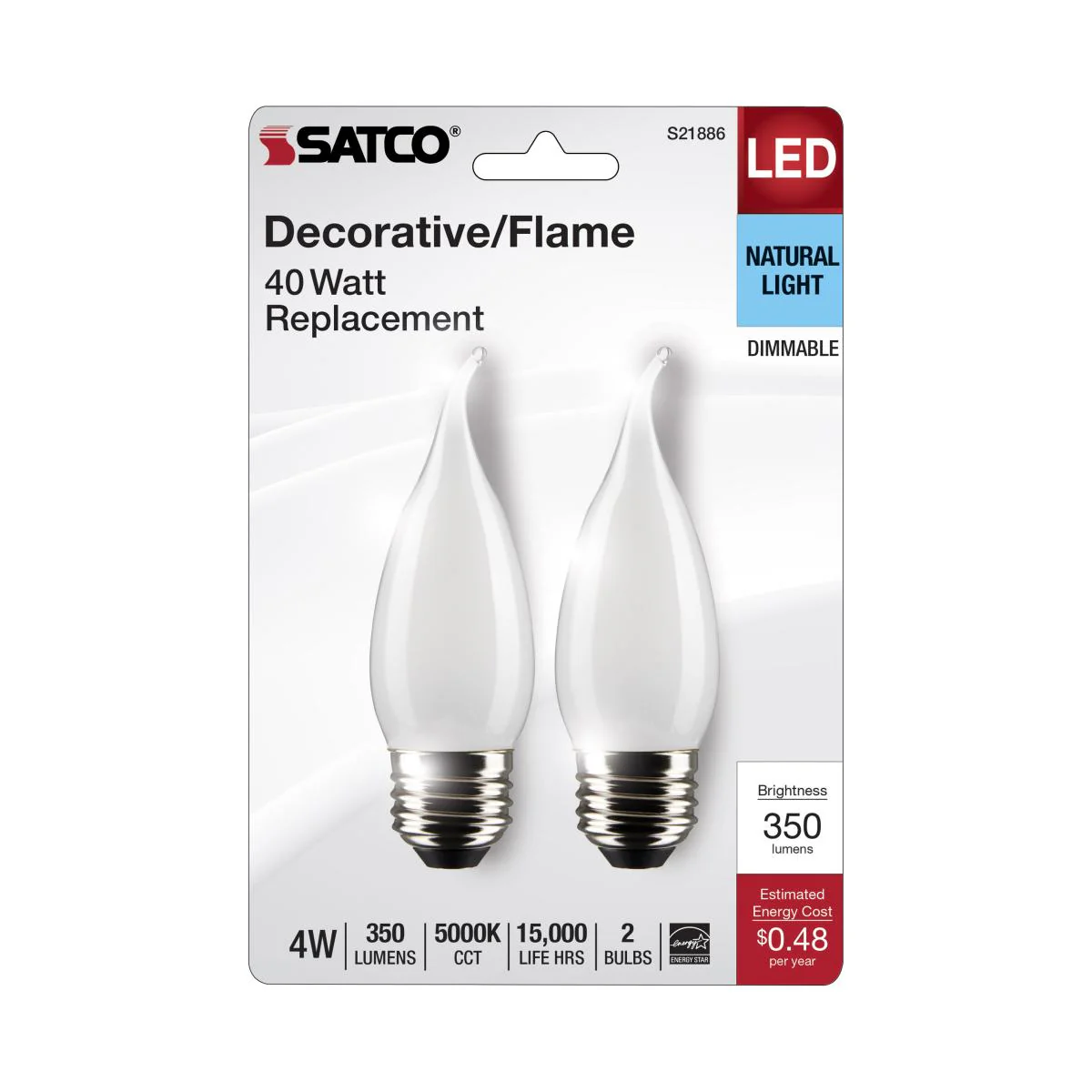 2Pk - Satco 4w CA10 LED E26 Medium Base 5000K 120v Frosted Finish Bulb - Image 5