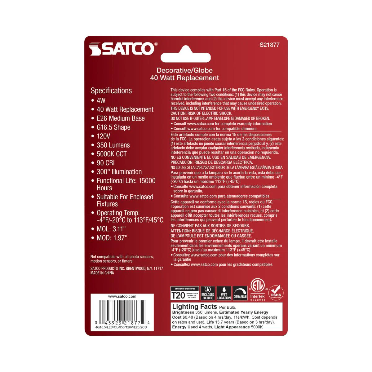 2Pk - Satco 4w G16.5 LED E26 Medium Base 5000K 120v Clear Finish Bulb - Image 6