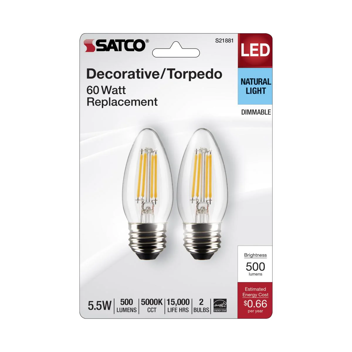 2Pk - Satco 5.5w B11 LED E26 Medium Base 5000K 120v Clear Finish Bulb - Image 5