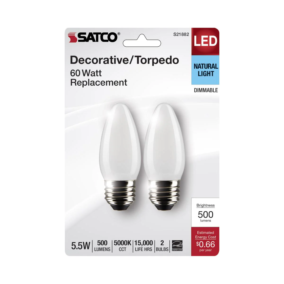 2Pk - Satco 5.5w B11 LED E26 Medium Base 5000K 120v Frosted Finish Bulb - Image 5