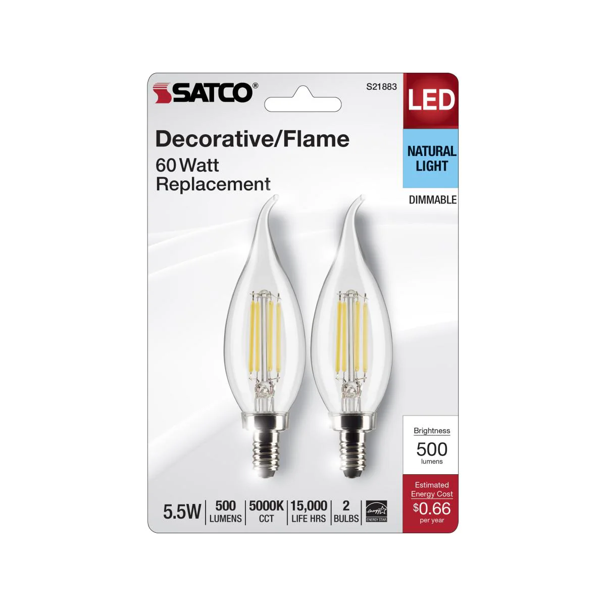 2Pk - Satco 5.5w CA10 LED E12 Candelabra Base 5000K 120v Clear Finish Bulb - Image 5