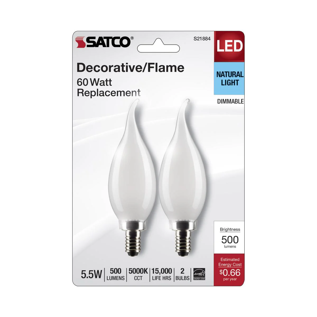 2Pk - Satco 5.5w CA10 LED E12 Candelabra Base 5000K 120v Frosted Finish Bulb - Image 5