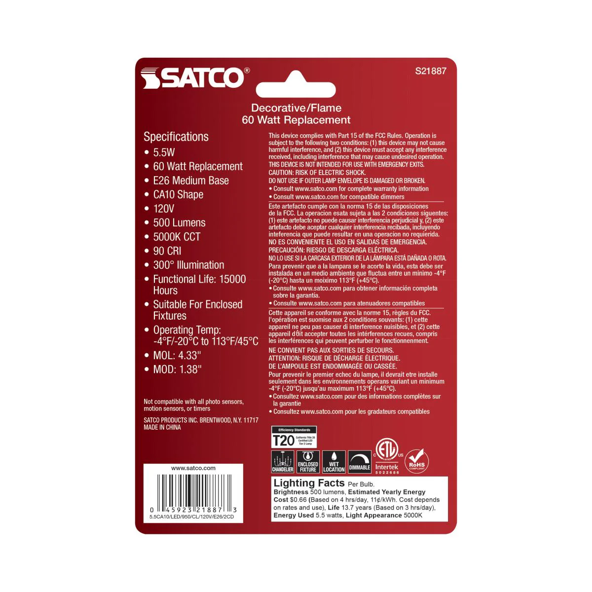 2Pk - Satco 5.5w CA10 LED E26 Medium Base 5000K 120v Clear Finish Bulb - Image 6