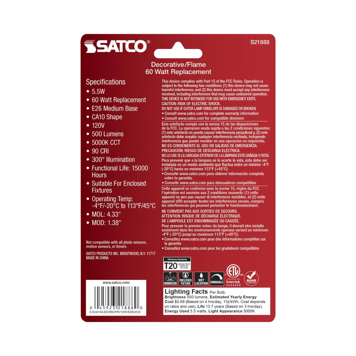 2Pk - Satco 5.5w CA10 LED E26 Medium Base 5000K 120v Frosted Finish Bulb - Image 5