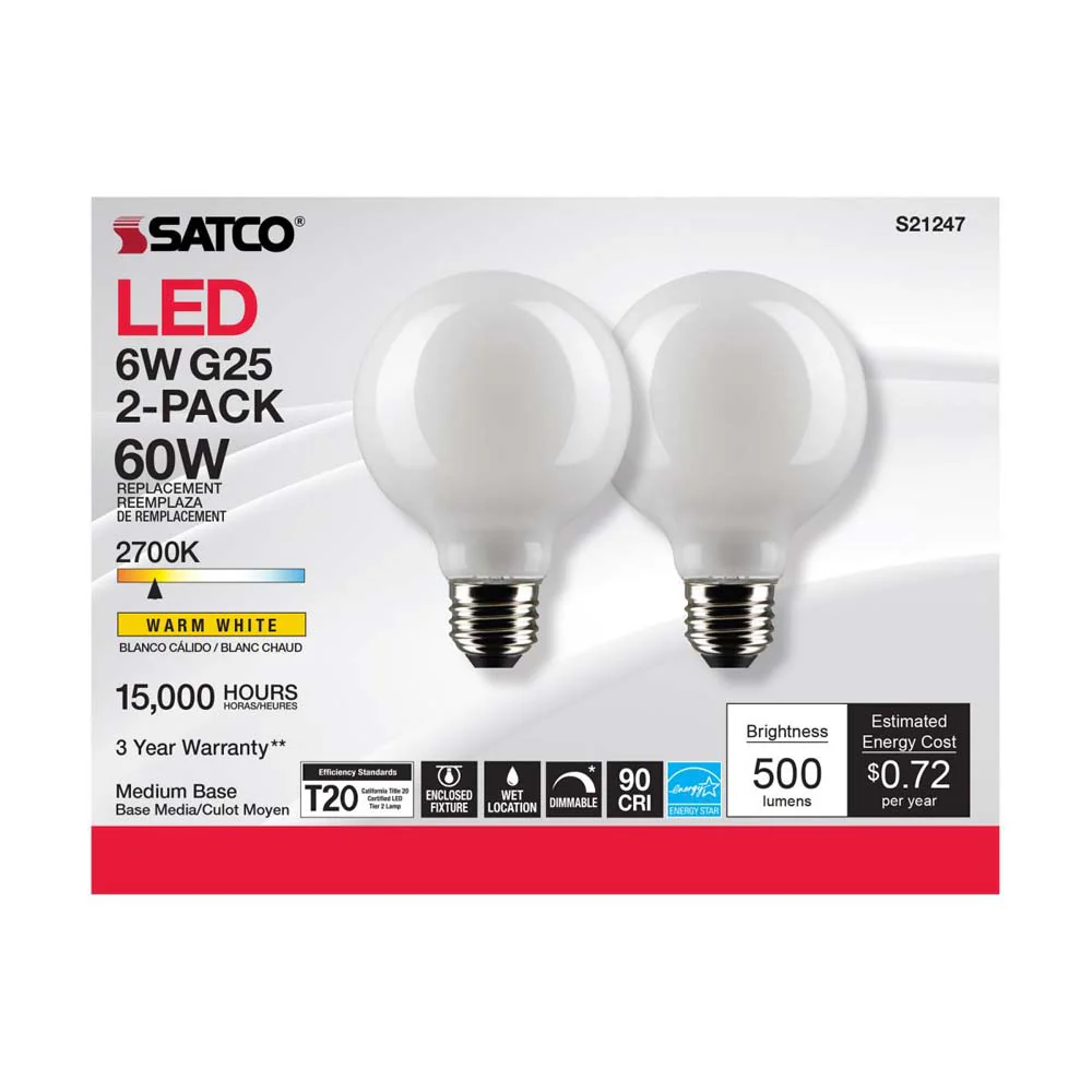 2Pk - Satco 6w G25 Globe Filament LED 2700K Medium Base Dimmable - 60w equiv - Image 4