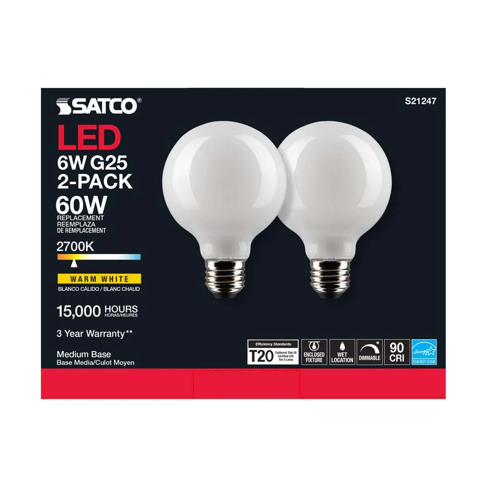 2Pk - Satco 6w G25 Globe Filament LED 2700K Medium Base Dimmable - 60w equiv - Image 5