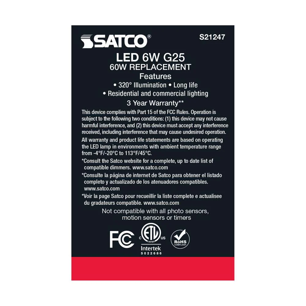 2Pk - Satco 6w G25 Globe Filament LED 2700K Medium Base Dimmable - 60w equiv - Image 7