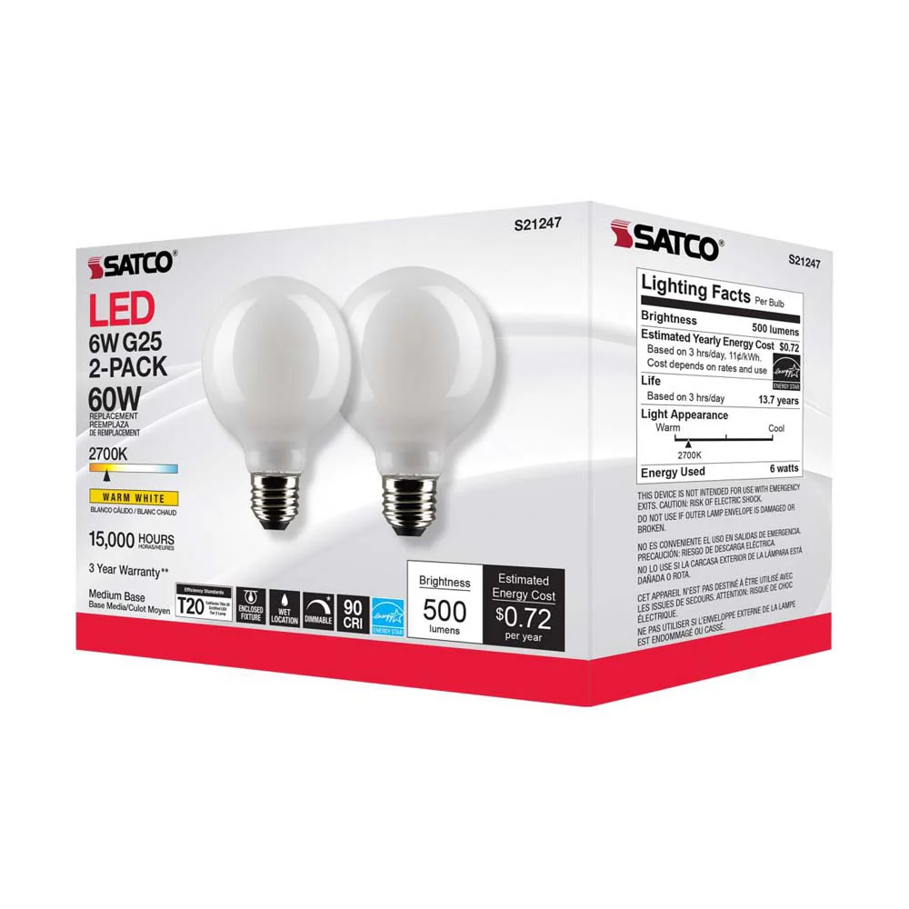 2Pk - Satco 6w G25 Globe Filament LED 2700K Medium Base Dimmable - 60w equiv - Image 8