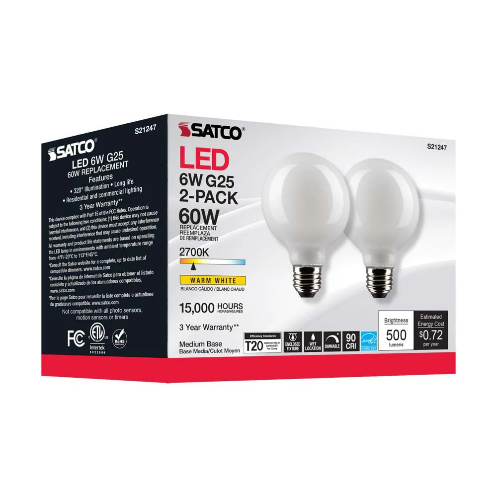 2Pk - Satco 6w G25 Globe Filament LED 2700K Medium Base Dimmable - 60w equiv - Image 9