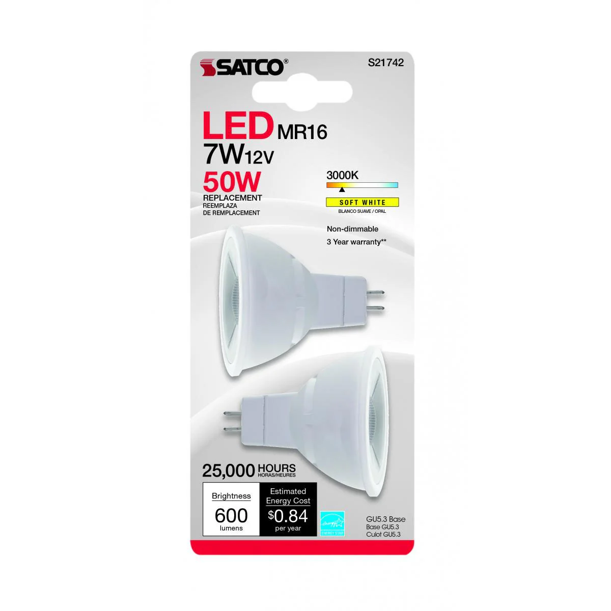 2Pk - Satco 7w MR16 LED 12v GU5.3 base 500Lm 3000k Warm White Bulbs - Image 2