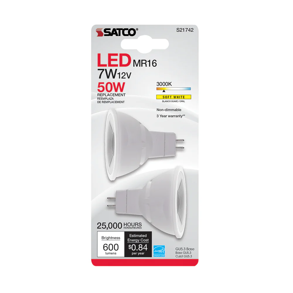2Pk - Satco 7w MR16 LED 12v GU5.3 base 500Lm 3000k Warm White Bulbs - Image 3