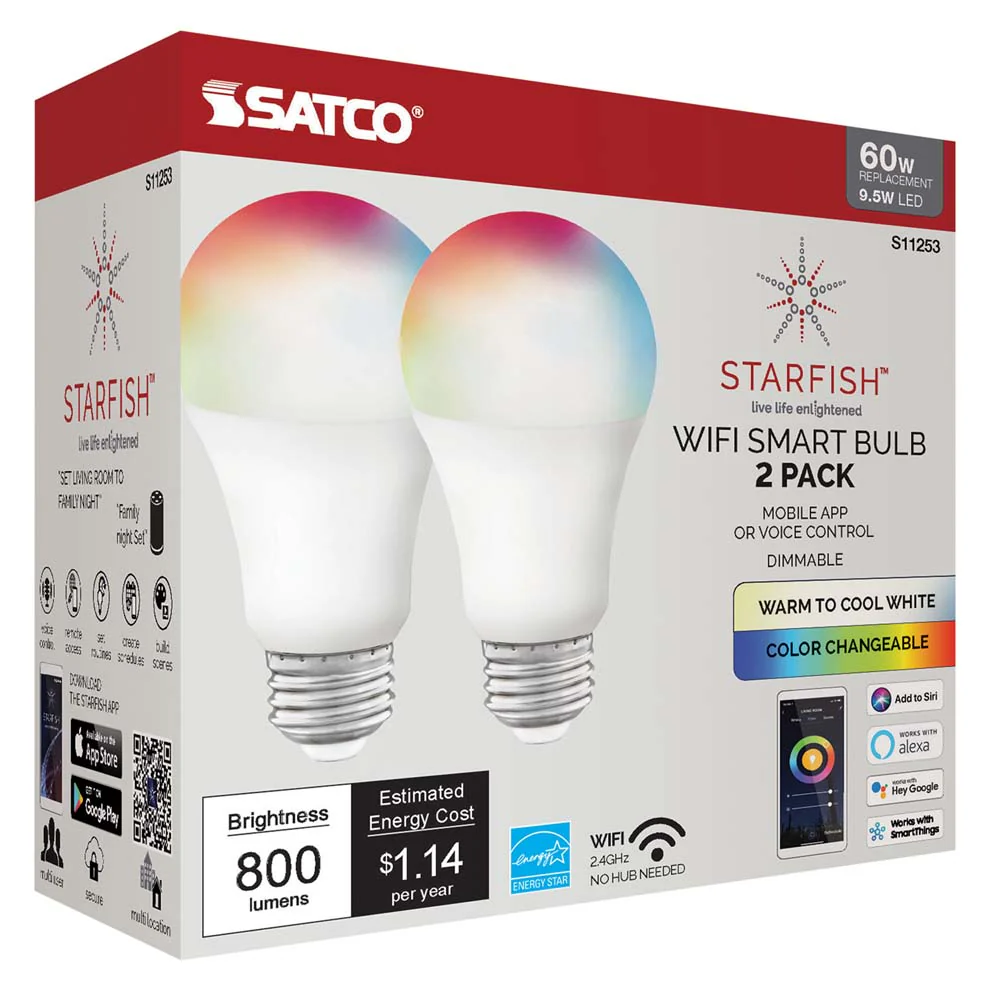 2Pk - Satco 9.5w A19 LED RGB Tunable White Starfish IOT 800 Lumens 120 Volt - Image 3