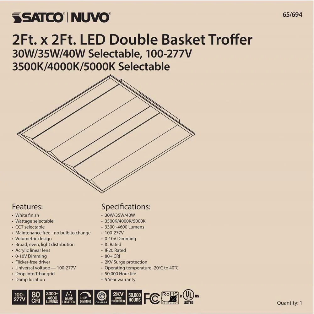 2X2 Double Basket LED Troffer Fixturewage CCT Tunable Lumens Tunable 100-277V - Image 5