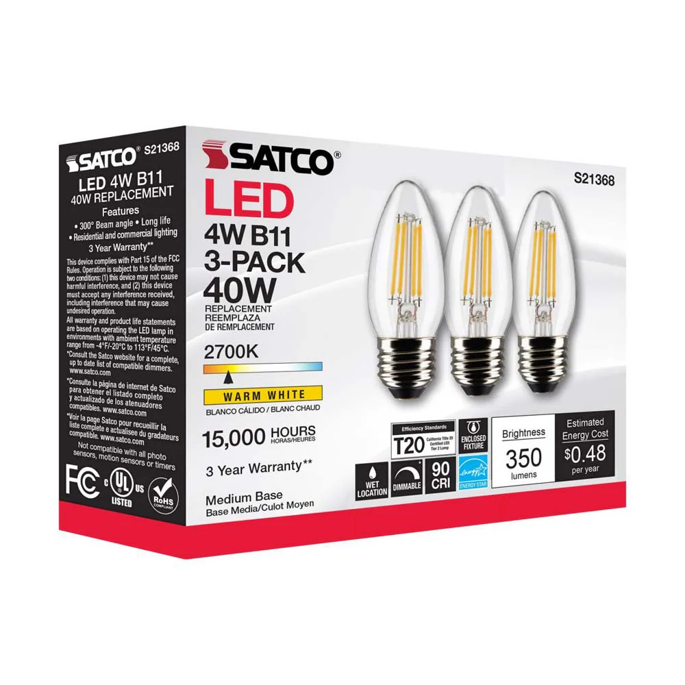 3Pk - Satco 4w B11 LED 2700K Medium Base Dimmable - 40w equiv - Image 10