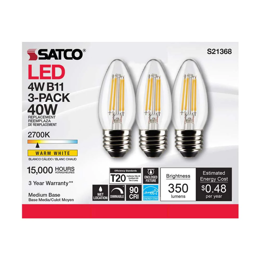 3Pk - Satco 4w B11 LED 2700K Medium Base Dimmable - 40w equiv - Image 5