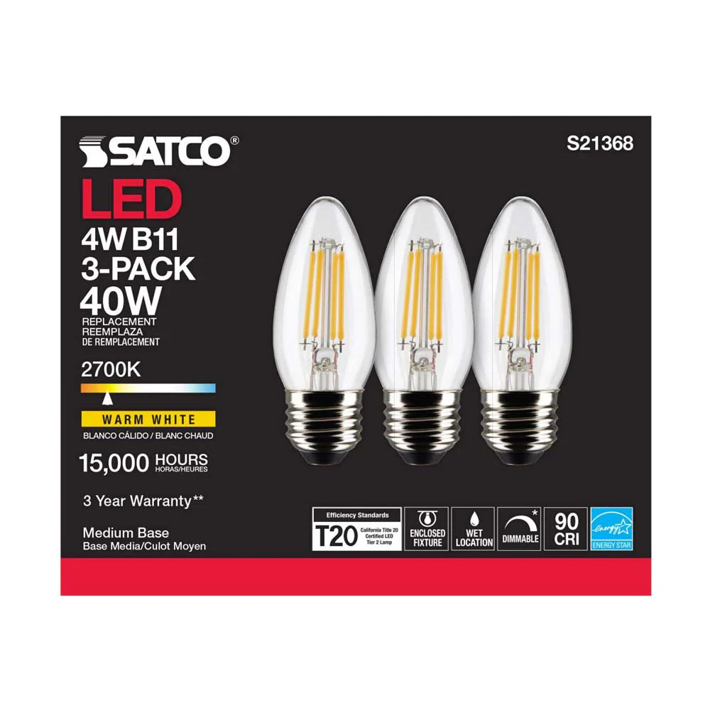 3Pk - Satco 4w B11 LED 2700K Medium Base Dimmable - 40w equiv - Image 6