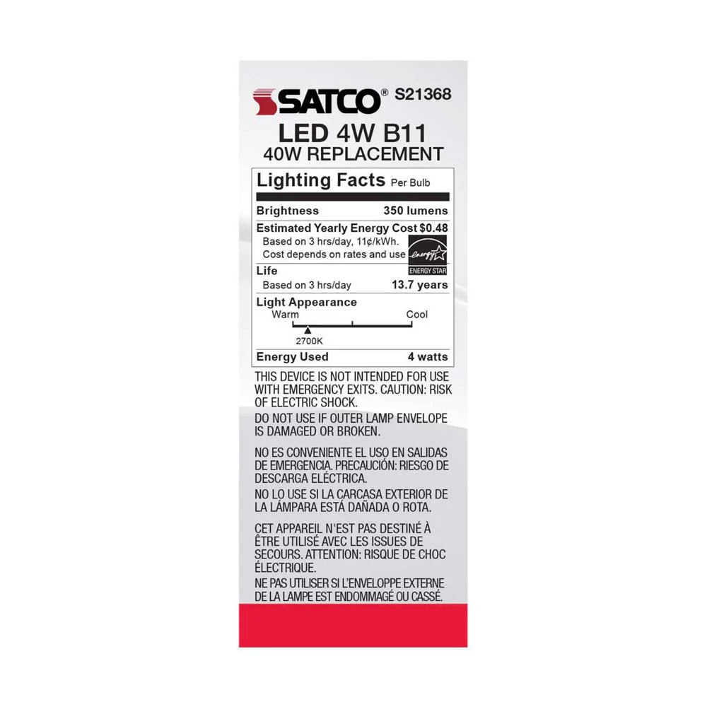3Pk - Satco 4w B11 LED 2700K Medium Base Dimmable - 40w equiv - Image 7