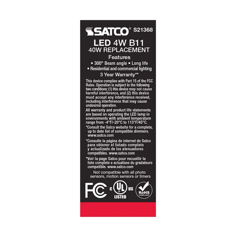 3Pk - Satco 4w B11 LED 2700K Medium Base Dimmable - 40w equiv - Image 8