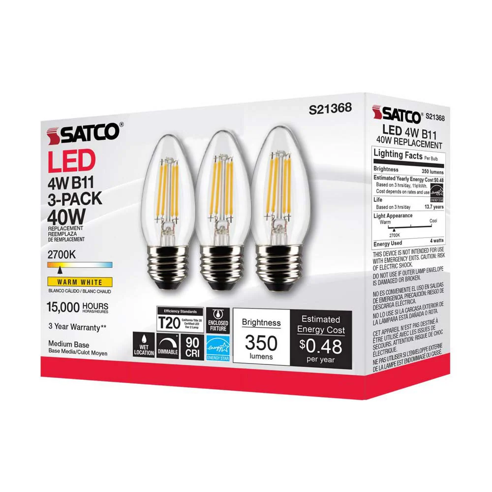 3Pk - Satco 4w B11 LED 2700K Medium Base Dimmable - 40w equiv - Image 9