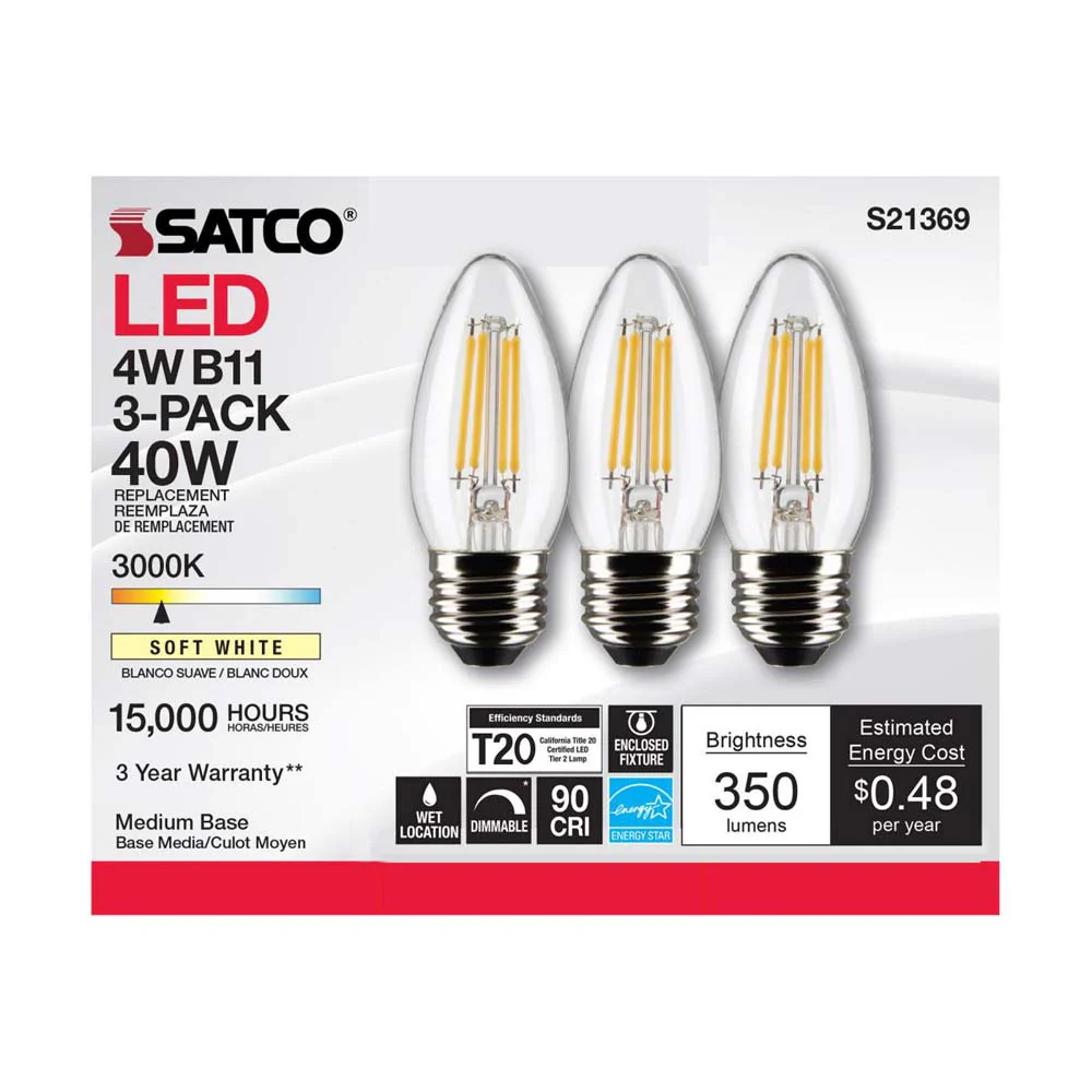 3Pk - Satco 4w B11 LED 3000K Medium Base Dimmable - 40w equiv - Image 4