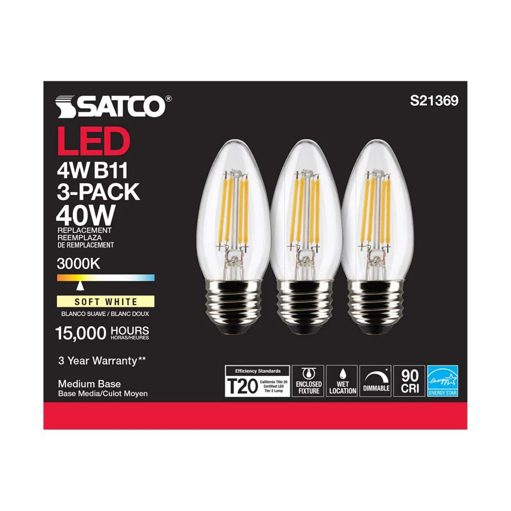 3Pk - Satco 4w B11 LED 3000K Medium Base Dimmable - 40w equiv - Image 5