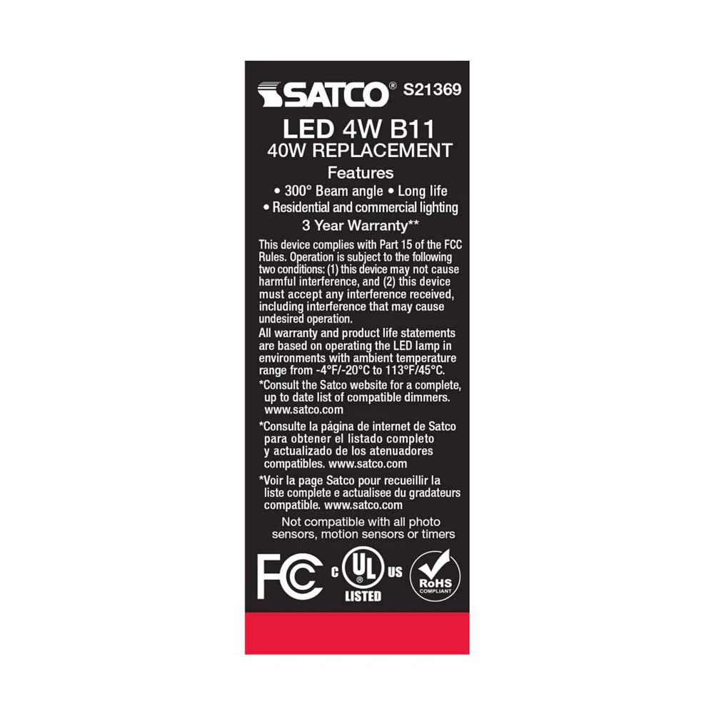 3Pk - Satco 4w B11 LED 3000K Medium Base Dimmable - 40w equiv - Image 7