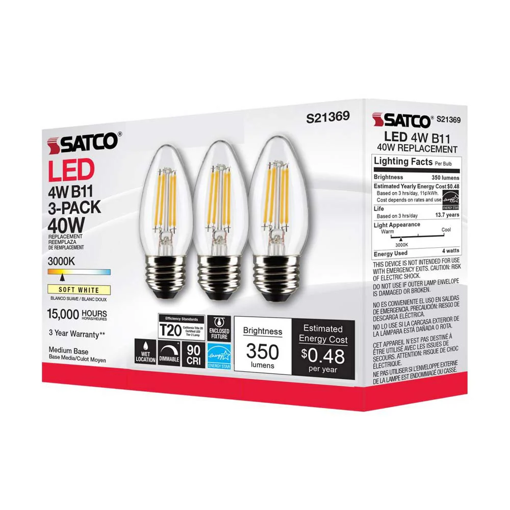 3Pk - Satco 4w B11 LED 3000K Medium Base Dimmable - 40w equiv - Image 8