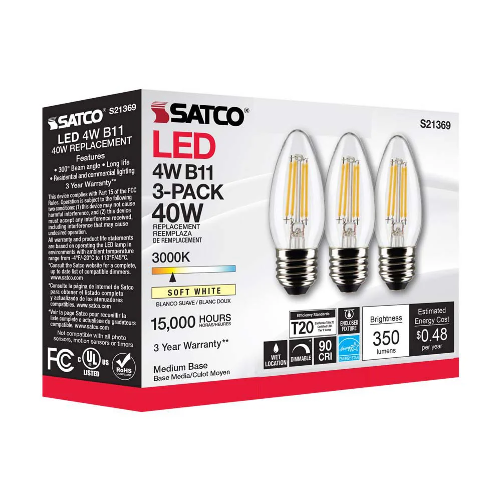 3Pk - Satco 4w B11 LED 3000K Medium Base Dimmable - 40w equiv - Image 9