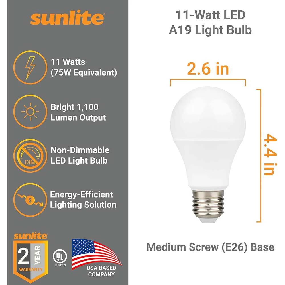 3Pk - Sunlite 11w A19 LED 2700K 1100Lm Non-Dimmable Bulb - 75W Equiv - Image 2