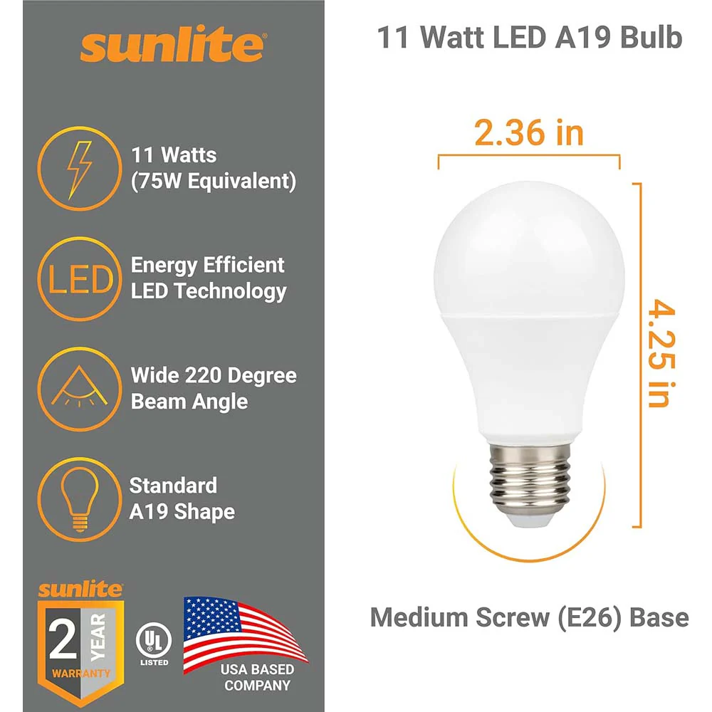 3Pk - Sunlite 11w A19 LED 3000K 1100Lm Non-Dimmable Bulb - 75W Equiv - Image 2